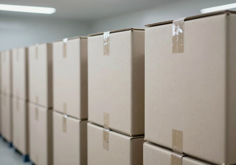 An organized row of modern delivery boxes inside a minimalist South American / Colombian logistics center, metallic Silver surfaces and bright Soft Off-white lighting.