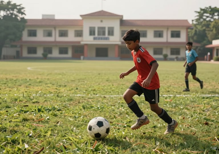 Photography of South Asian / Indian children playing football on a lush green school field with the campus building in the background under bright morning light.