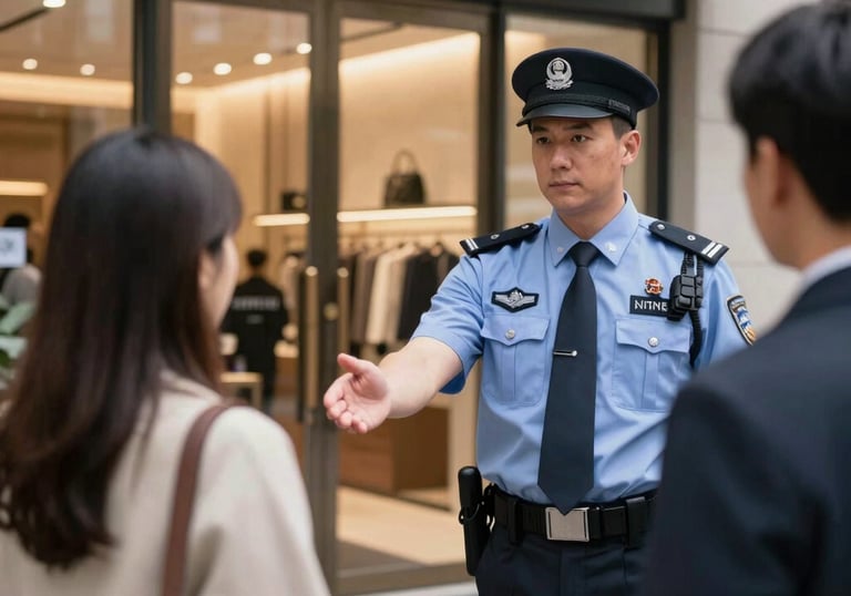 A security guard professionally greeting visitors at the entrance of a high-end retail facility in a North American urban environment.