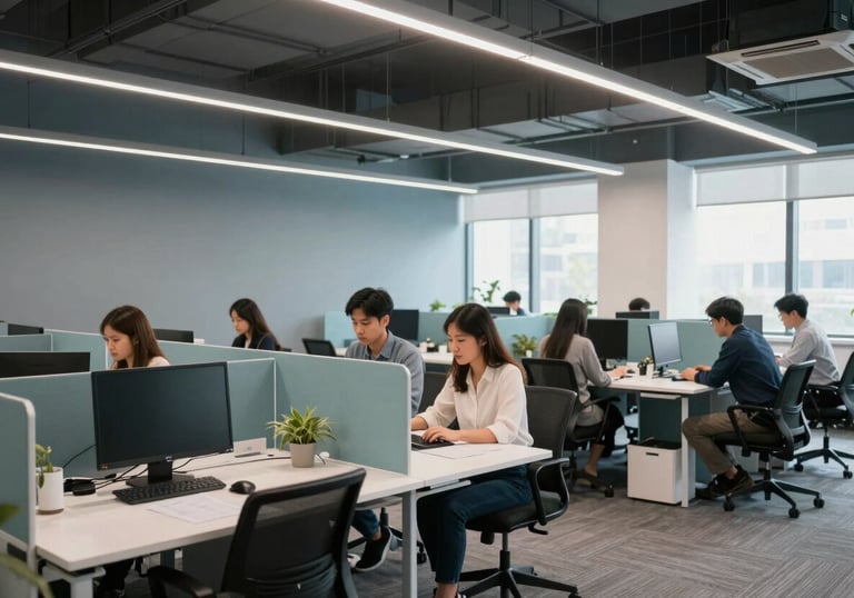 A modern, bright coworking space with professionals working at desks, clean lines, stormy blue-grey and soft teal aesthetic, high-end photography.