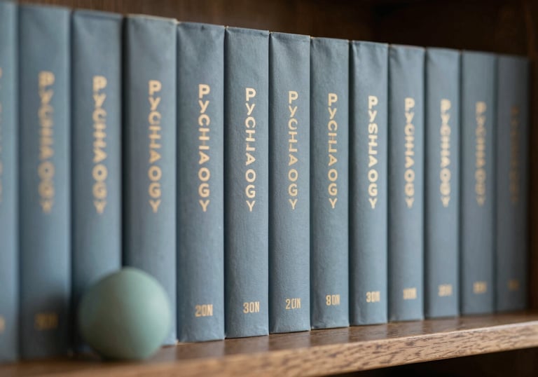 A serene photograph of a professional bookshelf with titles on psychology, featuring soft blue-grey covers and a small muted teal decorative object.