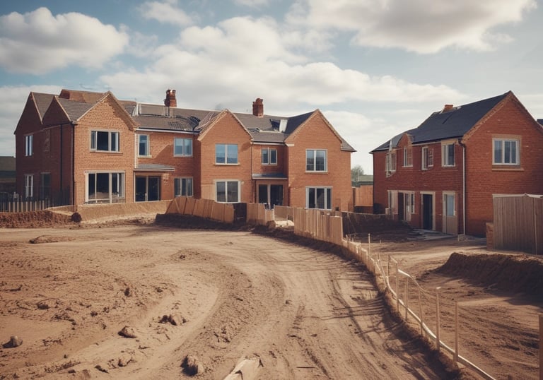 An elegant construction site at dusk with gold-toned cranes against black sky.