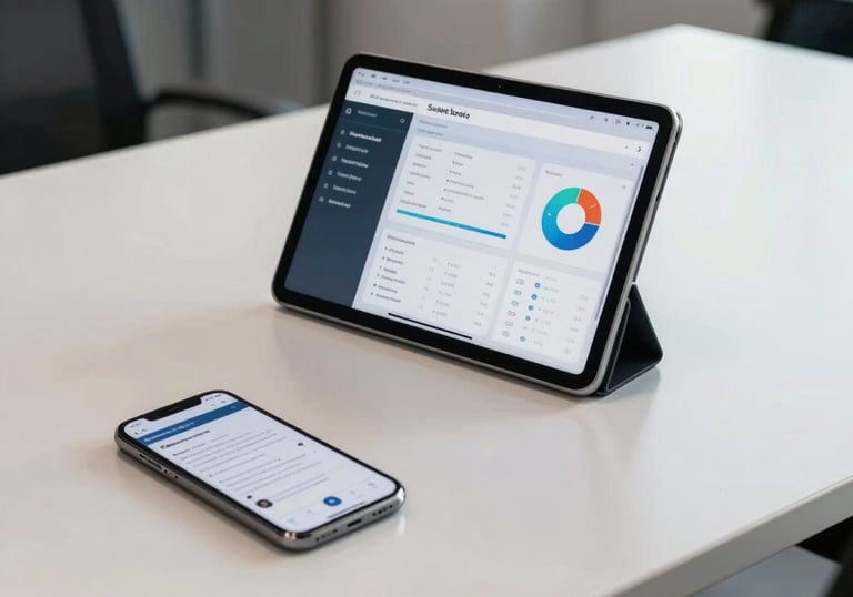 A clean and modern South American / Brazilian office setting showing a tablet and a smartphone displaying network analytics on a minimalist desk, reflecting high-quality service.