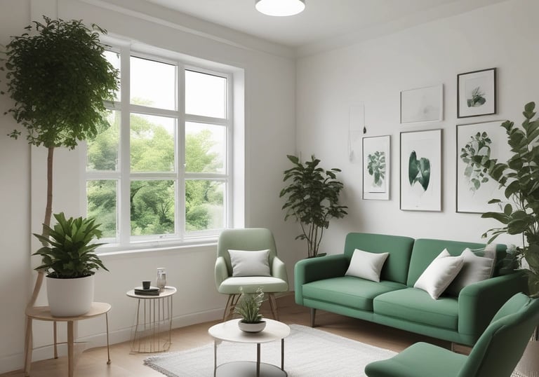 a living room with a green couch and a table