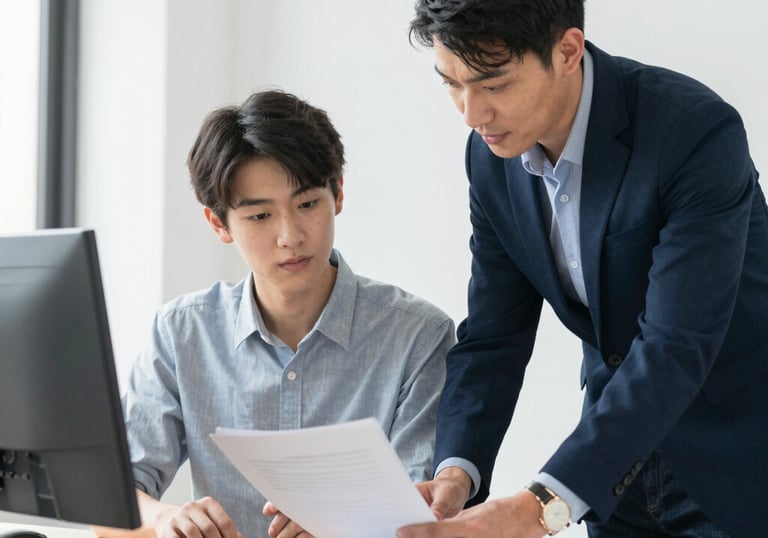 Consultant advising a student with documents in a bright office setting.