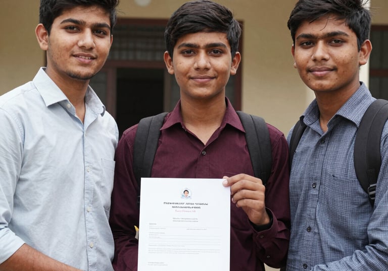A student happily receiving university acceptance letter in a cozy study room.