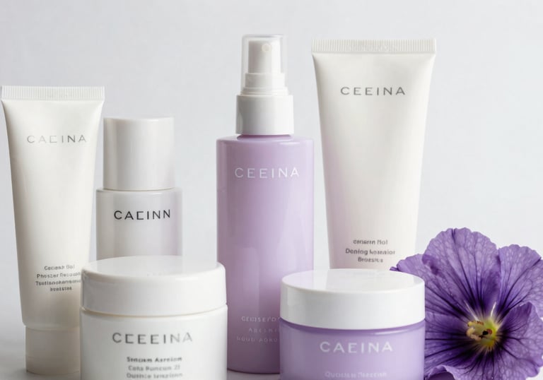 Close-up of premium skincare products in minimalist white and lilac packaging, arranged artistically next to a fresh flower. Clean, bright photography, South American / Brazilian lifestyle aesthetics.