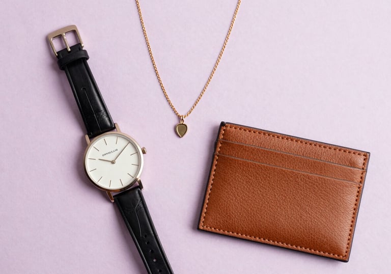 Elegant flat lay of fashion accessories including a minimalist watch, a delicate gold necklace, and a high-quality leather cardholder on a light lilac background. Soft, feminine lighting, South American / Brazilian fashion boutique style.