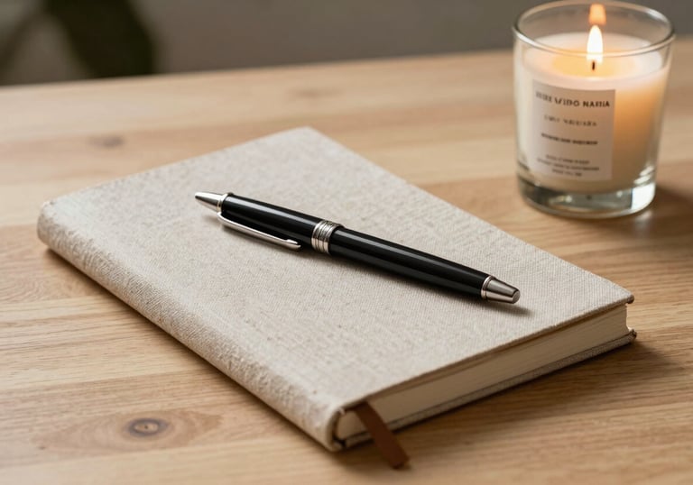 A lifestyle composition featuring a linen notebook, a designer pen, and a high-quality scented candle on a light-colored wooden table. Sophisticated and calm atmosphere, South American / Brazilian interior vibe.