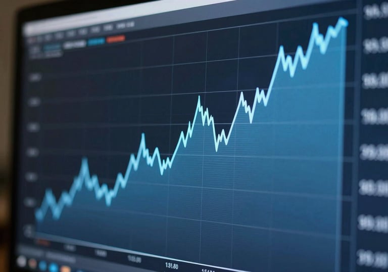 A detailed view of a modern financial chart on a screen, showing steady upward growth with light blue and dark blue color tones.