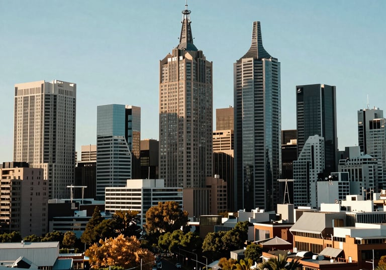 A cinematic, wide-angle shot of the Melbourne skyline during the day, emphasizing the sophisticated urban landscape and the firm's Australian roots and expertise.