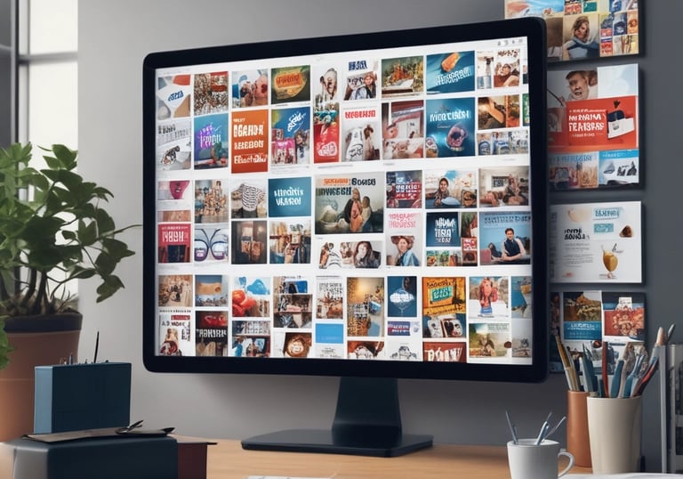 A creative workspace with digital marketing charts and AI tools on screen.