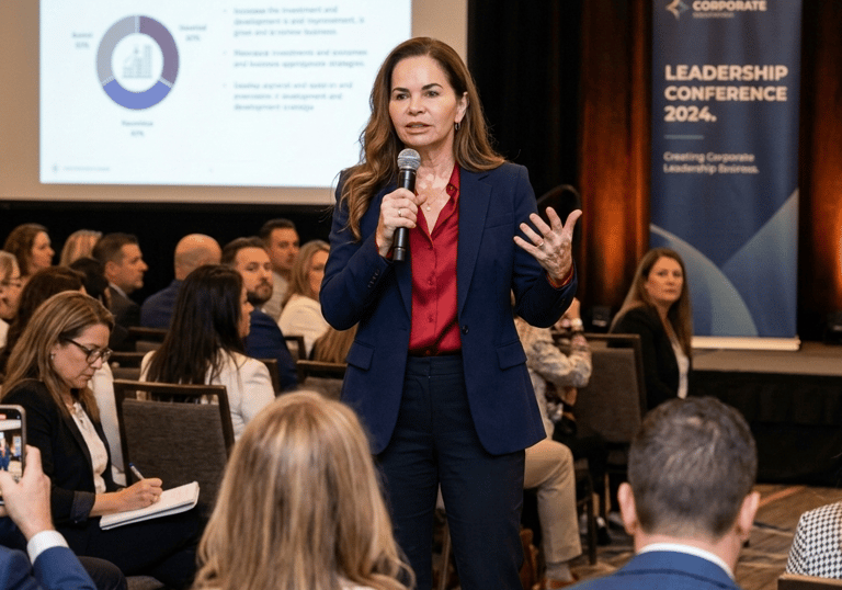 Professional female speaker presenting realtor investment strategies at a 2024 leadership conference.