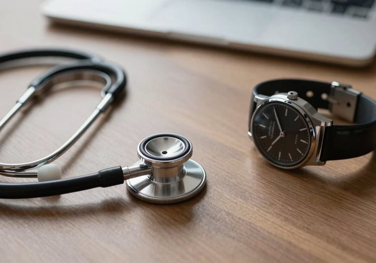 A professional desk composition featuring a medical stethoscope and a modern watch, representing the efficiency and care of the insurance service.