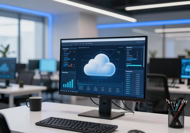 A minimalist workspace with a bright display showing cloud computing metrics, sleek architecture with blue accent lighting in a Brazilian tech park.
