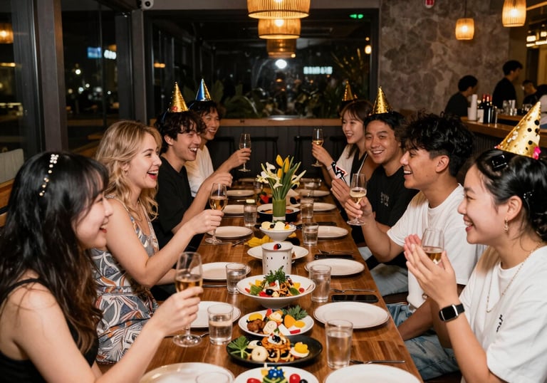 A group of friends celebrating a birthday party with drinks and food at a modern restaurant table.