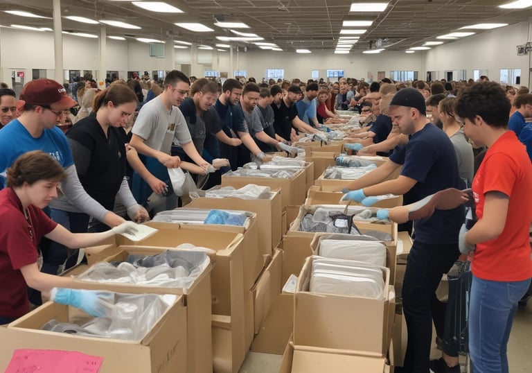 Friendly volunteers organizing donated clothes in a bright community room.