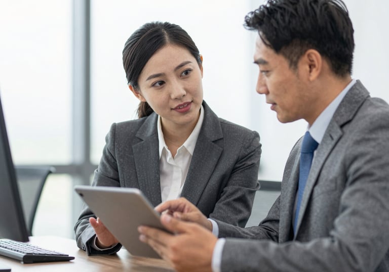 A professional man and woman in business attire discussing a commercial property portfolio over a tablet in a bright office. The vibe is professional and collaborative, with a modern aesthetic.