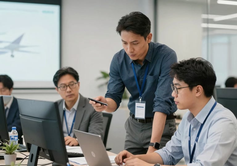 A modern office setting with a team collaborating over aviation marketing strategies.