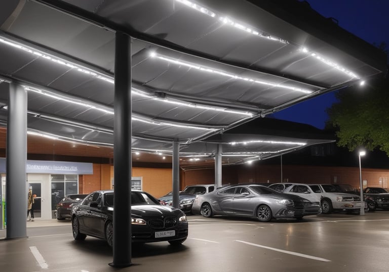 A busy mall parking area equipped with digital signs and illuminated parking stalls at night.