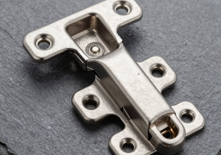 Clean, studio photography of high-quality stainless steel garage door hinges and hardware against a slate grey background, emphasizing reliability.