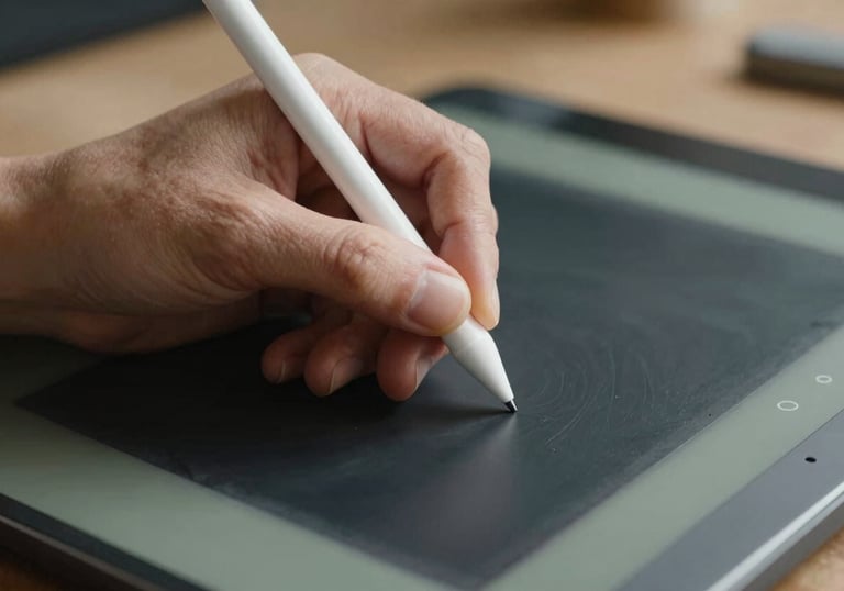 Close up of a professional hand holding a stylus, working on a tablet with charcoal slate and sage grey interface elements.