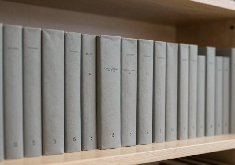 A minimalist library or study area with sage grey books and soft lighting, symbolizing education and focus.