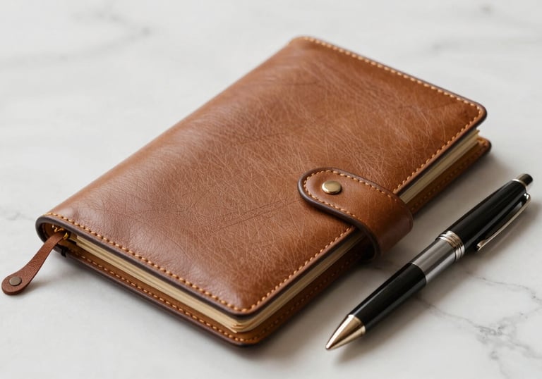 A close-up of a high-quality leather planner and a luxury pen on a clean, soft off-white marble surface.