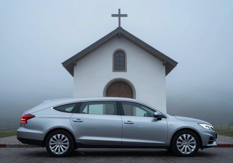 A professional and modern silver-grey hearse parked respectfully in front of a minimalist South American / Peruvian chapel architecture. Morning mist in the air, using Pale Sky Blue and Charcoal Blue tones.
