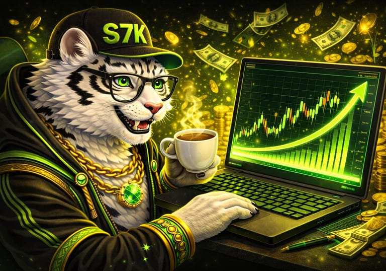 White tiger trader in a hat analyzing a rising green stock market chart on a laptop with flying money.