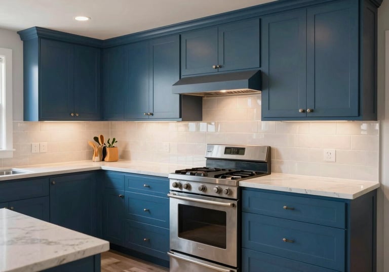 A bright and airy kitchen remodel in a North American home, featuring professional cabinetry, steel blue accents, and warm off-white tilework, showcasing high-end finish work.