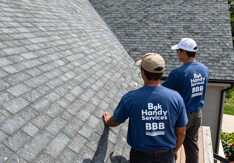 Professional roofing contractors from BGK Handy Services inspecting asphalt shingles on a residential roof.