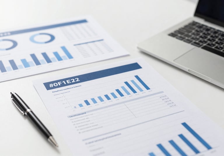 An organized arrangement of professional financial reports, a pen, and a laptop in a clean, brightly lit workspace. The composition is precise and orderly, reflecting compliance and standards using #0F1E2E and #21598B.
