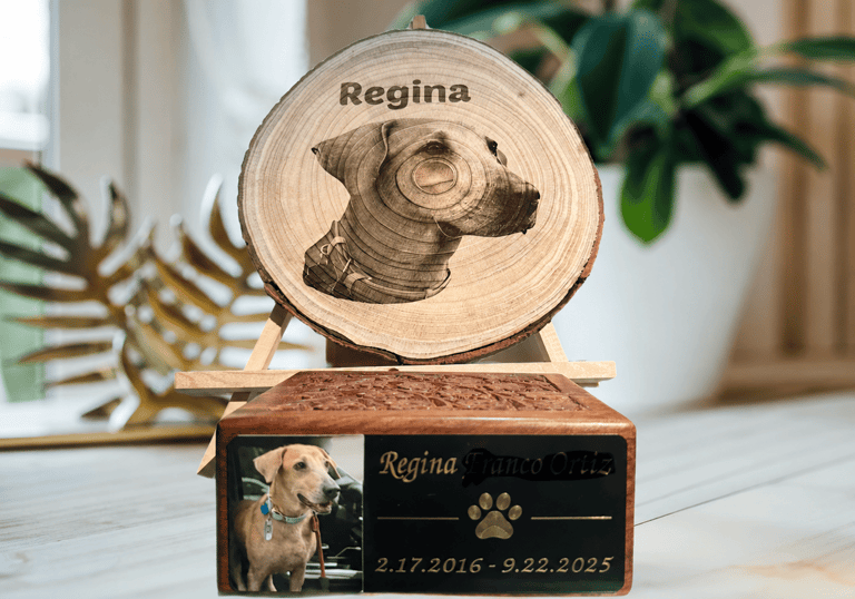 Custom engraved wooden pet urn with a personalized photo and wood slice dog portrait memorial.