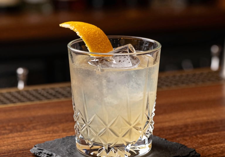 A sophisticated cocktail in a crystal glass on a dark slate coaster. The drink is garnished with a thin citrus peel. Warm bronze lighting, South American high-end bar setting, blurred background of wood and glass.