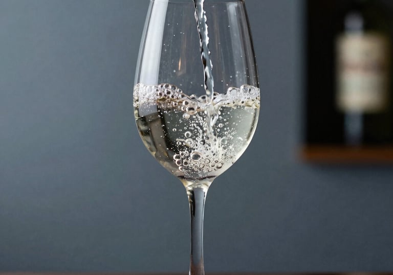 An elegant pour of clear spirit into a chilled tall glass. Bubbles and light reflecting through the liquid. Sophisticated photography, focus on the texture of the glassware, Brazilian upscale lounge atmosphere with soft blue-grey tones.