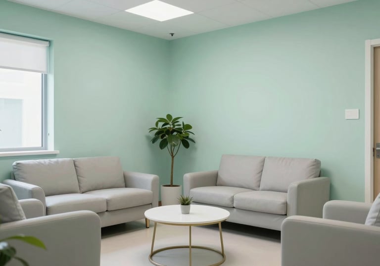 A modern, bright consultation room in a North American medical center with comfortable seating and soft seafoam green decor.