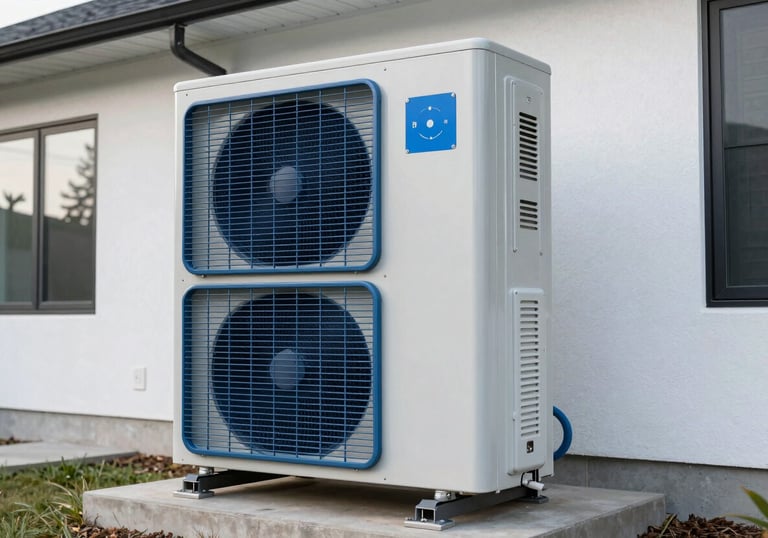 A high-efficiency outdoor heat pump system installed beside a modern North American / US house. Clean, sharp photography with Steel Blue and Powder Blue accents.