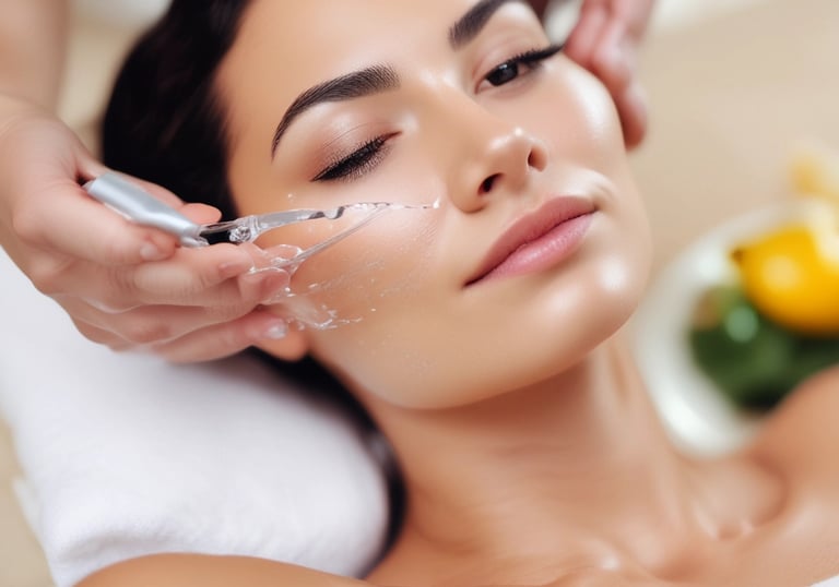 Close-up of a woman receiving a gentle facial treatment with natural products.
