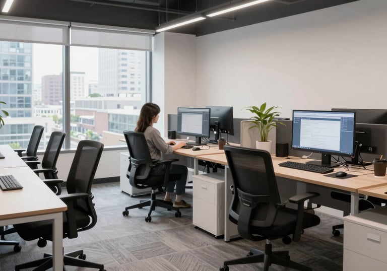 A clean, bright interior shot of a modern software engineering studio in a North American city. Ergonomic furniture and a precise, professional atmosphere.