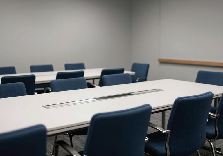 A sleek, professional North American / US conference room used for student advising, featuring navy blue chairs and soft grey walls.
