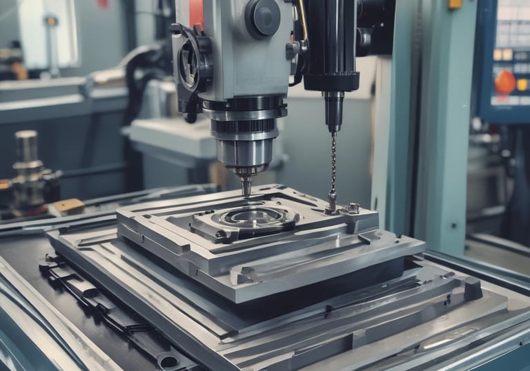 Close-up of a precision CNC milling machine working on a metal part.