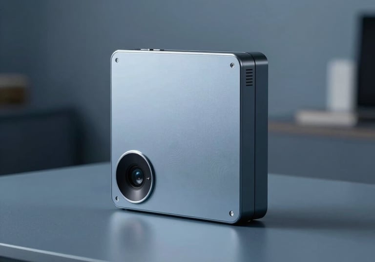 A minimalist North American interior with soft focus on a single piece of high-end tech. Muted steel blue color palette, professional and clean.