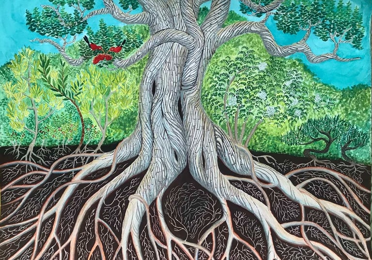 A painting of pair of ʻiʻiwi birds in an ohia tree, surrounded by native plants, by Erzsi Palko.su