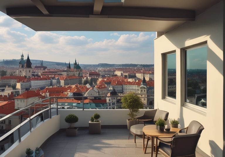 A stunning panoramic view of Prague’s skyline at sunset from a penthouse balcony.