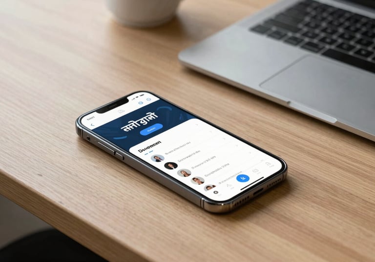 A clean, modern desk setup in a South Asian / Bangladeshi office with a smartphone and tablet, representing mobile app development.