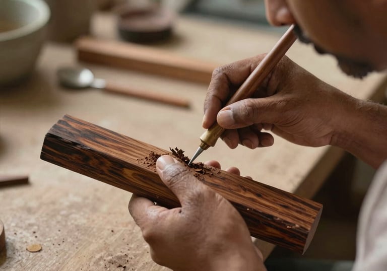 A close-up shot of an artisan's hands meticulously carving a piece of dark teak wood in a workshop filled with soft, natural light. South Asian / Indian with European influence craftsmanship context.