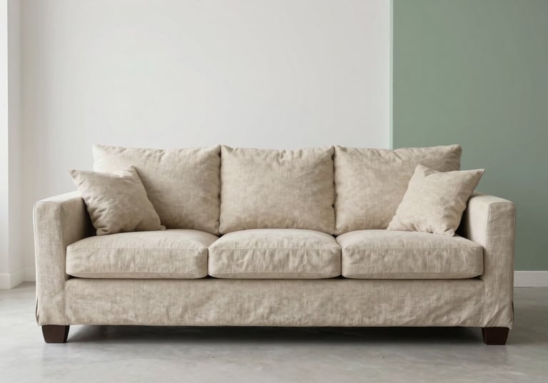 A sleek, low-profile linen sofa in a soft beige color, positioned in a bright, minimalist living room with white walls and a muted green accent wall. The style is European modernism with a South Asian / Indian sense of warmth and space.