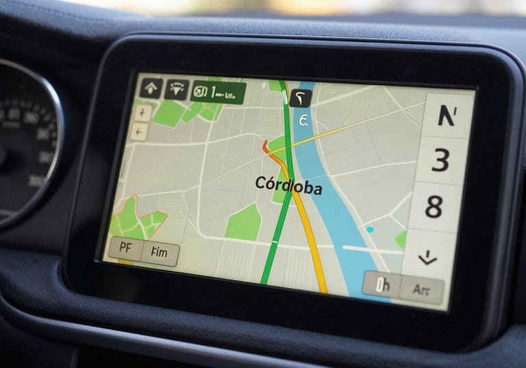 A close-up of a digital GPS navigation screen inside a vehicle showing a map of Córdoba, Argentina, representing efficiency and modern technology.