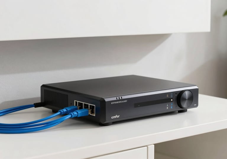 A clean, organised home security hub with a network video recorder and neatly managed blue data cables in a modern European utility room.